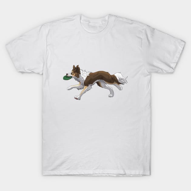 Running Tricolor Brown Border Collie with Frisbee T-Shirt by Bamsdrawz